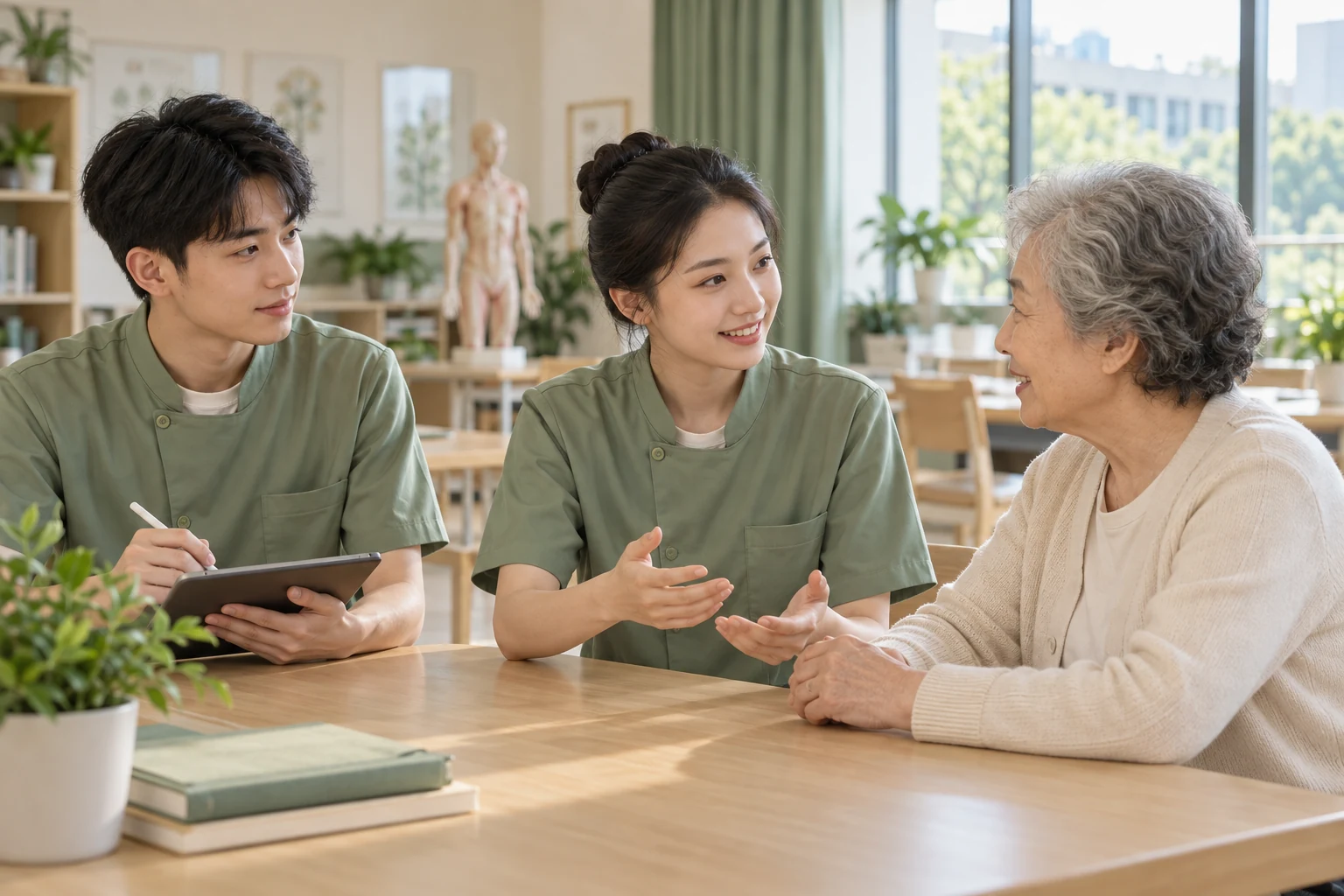 康养教学场景示意：学生与长者交流