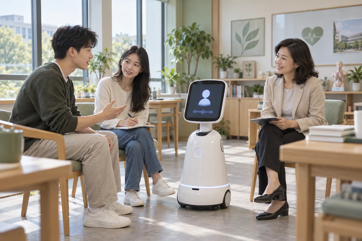 哲寻健康管理GenAI智体案例引擎 · AI 生成 · 机器人健康咨询教学场景示意，非产品实拍
