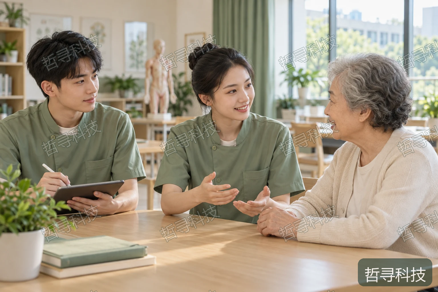 康养教学场景示意：学生与长者交流