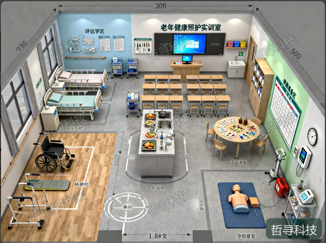 老年健康照护实训空间效果图，具体配置应结合课程与场地设计。