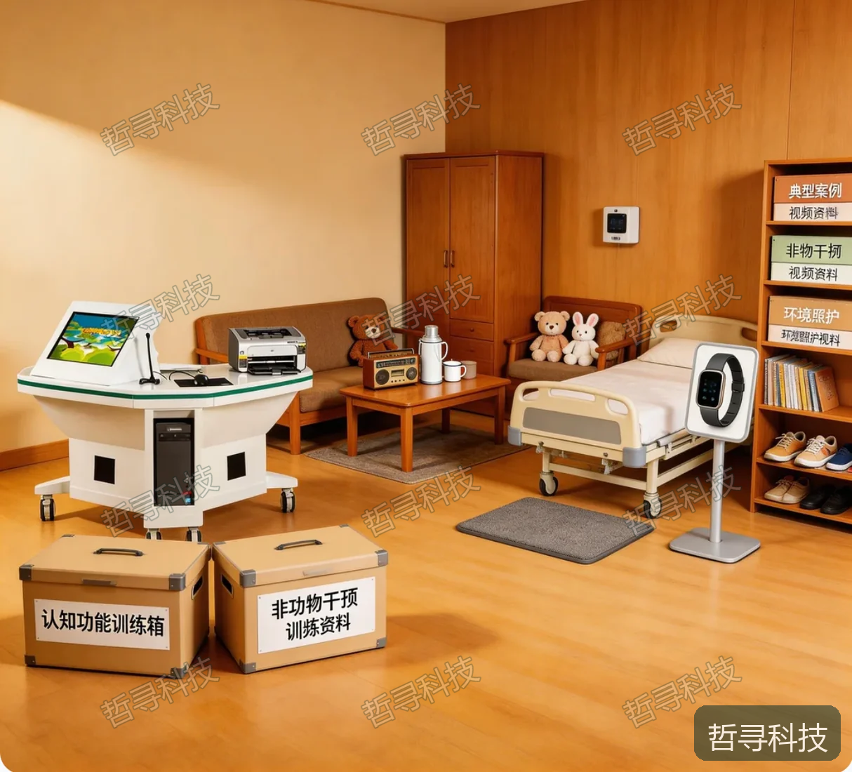 失智老年人照护情境空间效果图,选自哲寻官网已有素材;非真实照护现场,文中任务为教学模拟。