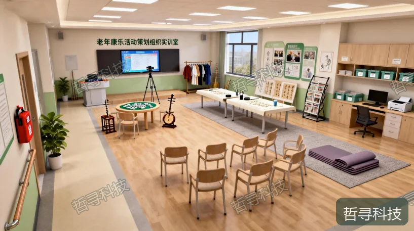 本站老年康乐活动教学空间效果图,用于说明试教时可观察的空间与角色安排;非真实活动现场或固定设备配置。