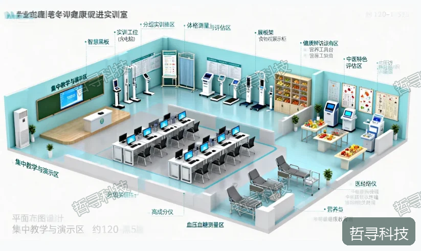 老年健康促进教学空间规划示意,用于讨论课程、设备与实训任务的对应关系。