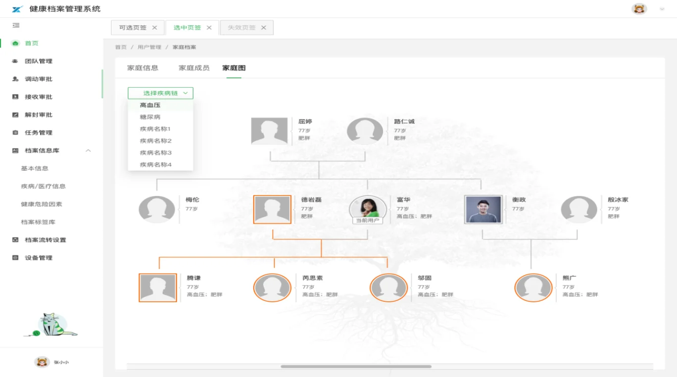 哲寻全生命周期健康档案管理系统 · 个人与家庭健康档案界面